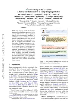 Siren's Song in the AI Ocean: A Survey on Hallucination in Large
  Language Models