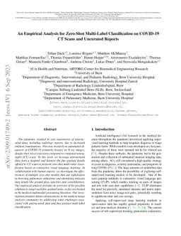 An Empirical Analysis for Zero-Shot Multi-Label Classification on
  COVID-19 CT Scans and Uncurated Reports