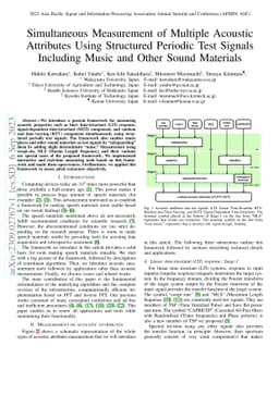 Simultaneous Measurement of Multiple Acoustic Attributes Using
  Structured Periodic Test Signals Including Music and Other Sound Materials
