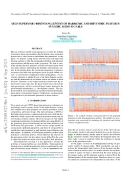 Self-Supervised Disentanglement of Harmonic and Rhythmic Features in
  Music Audio Signals