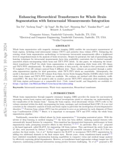 Enhancing Hierarchical Transformers for Whole Brain Segmentation with
  Intracranial Measurements Integration