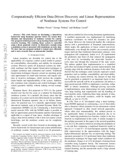 Computationally Efficient Data-Driven Discovery and Linear
  Representation of Nonlinear Systems For Control