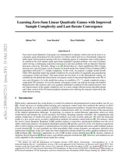 Learning Zero-Sum Linear Quadratic Games with Improved Sample Complexity
  and Last-Iterate Convergence