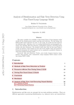 Analysis of Disinformation and Fake News Detection Using Fine-Tuned
  Large Language Model