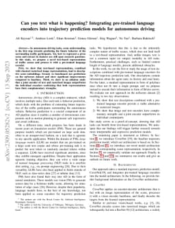 Can you text what is happening? Integrating pre-trained language
  encoders into trajectory prediction models for autonomous driving