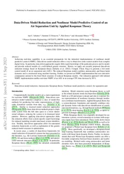Data-Driven Model Reduction and Nonlinear Model Predictive Control of an
  Air Separation Unit by Applied Koopman Theory