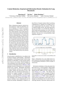 Content Reduction, Surprisal and Information Density Estimation for Long
  Documents