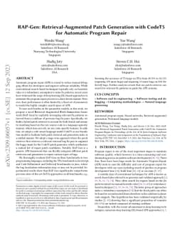 RAP-Gen: Retrieval-Augmented Patch Generation with CodeT5 for Automatic
  Program Repair