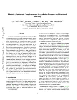 Plasticity-Optimized Complementary Networks for Unsupervised Continual
  Learning