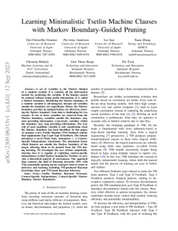 Learning Minimalistic Tsetlin Machine Clauses with Markov
  Boundary-Guided Pruning