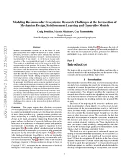 Modeling Recommender Ecosystems: Research Challenges at the Intersection
  of Mechanism Design, Reinforcement Learning and Generative Models