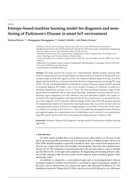 Entropy-based machine learning model for diagnosis and monitoring of
  Parkinson's Disease in smart IoT environment