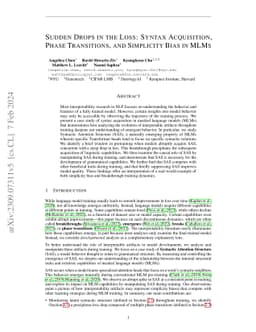 Sudden Drops in the Loss: Syntax Acquisition, Phase Transitions, and
  Simplicity Bias in MLMs