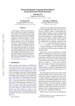 Advancing Regular Language Reasoning in Linear Recurrent Neural Networks