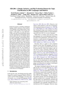 SIB-200: A Simple, Inclusive, and Big Evaluation Dataset for Topic
  Classification in 200+ Languages and Dialects