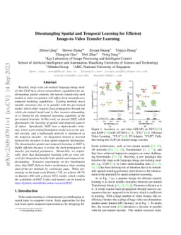 Disentangling Spatial and Temporal Learning for Efficient Image-to-Video
  Transfer Learning