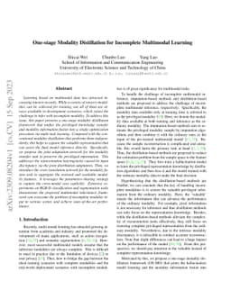 One-stage Modality Distillation for Incomplete Multimodal Learning