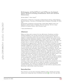 Performance of ChatGPT-3.5 and GPT-4 on the United States Medical
  Licensing Examination With and Without Distractions
