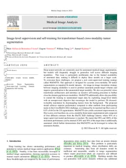 Image-level supervision and self-training for transformer-based
  cross-modality tumor segmentation