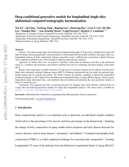 Deep conditional generative models for longitudinal single-slice
  abdominal computed tomography harmonization