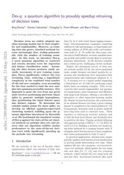 Des-q: a quantum algorithm to provably speedup retraining of decision trees