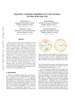 Hyperbolic vs Euclidean Embeddings in Few-Shot Learning: Two Sides of
  the Same Coin