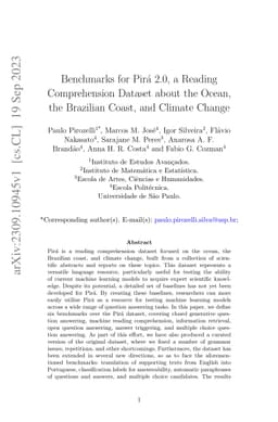 Benchmarks for Pirá 2.0, a Reading Comprehension Dataset about the
  Ocean, the Brazilian Coast, and Climate Change
