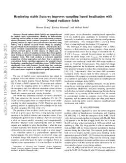 Rendering stable features improves sampling-based localisation with
  Neural radiance fields