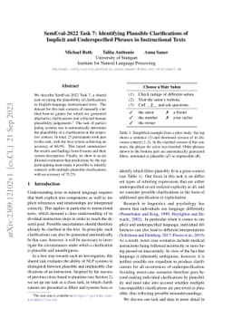 SemEval-2022 Task 7: Identifying Plausible Clarifications of Implicit
  and Underspecified Phrases in Instructional Texts