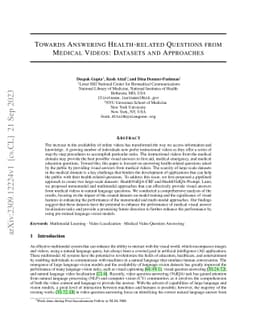 Towards Answering Health-related Questions from Medical Videos: Datasets
  and Approaches