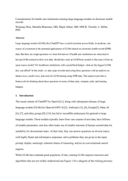 Considerations for health care institutions training large language
  models on electronic health records