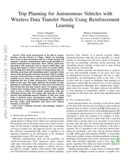 Trip Planning for Autonomous Vehicles with Wireless Data Transfer Needs
  Using Reinforcement Learning