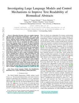 Investigating Large Language Models and Control Mechanisms to Improve
  Text Readability of Biomedical Abstracts
