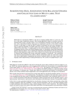 Substituting Data Annotation with Balanced Updates and Collective Loss
  in Multi-label Text Classification