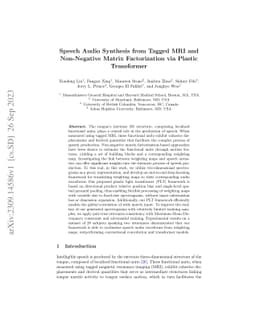 Speech Audio Synthesis from Tagged MRI and Non-Negative Matrix
  Factorization via Plastic Transformer