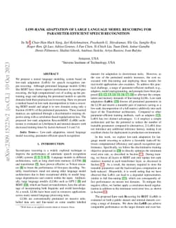 Low-rank Adaptation of Large Language Model Rescoring for
  Parameter-Efficient Speech Recognition