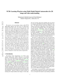 M$^{3}$3D: Learning 3D priors using Multi-Modal Masked Autoencoders for
  2D image and video understanding
