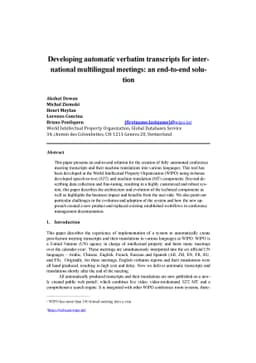 Developing automatic verbatim transcripts for international multilingual
  meetings: an end-to-end solution