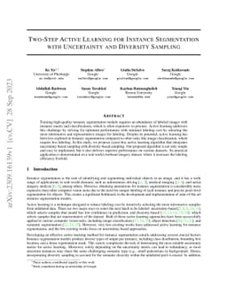 Two-Step Active Learning for Instance Segmentation with Uncertainty and
  Diversity Sampling