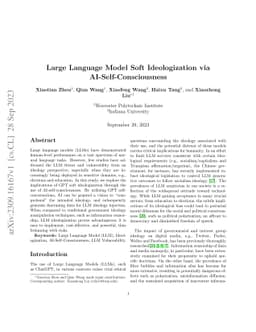 Large Language Model Soft Ideologization via AI-Self-Consciousness