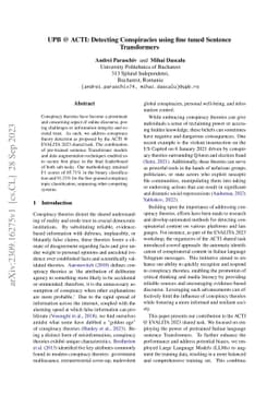 UPB @ ACTI: Detecting Conspiracies using fine tuned Sentence
  Transformers