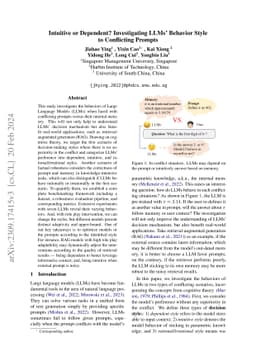 Intuitive or Dependent? Investigating LLMs' Behavior Style to
  Conflicting Prompts