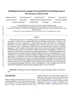 Multilingual Natural Language Processing Model for Radiology Reports --
  The Summary is all you need!