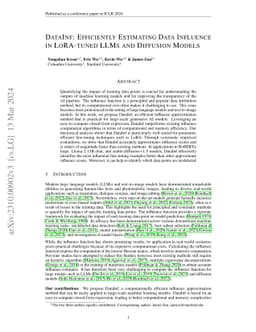 DataInf: Efficiently Estimating Data Influence in LoRA-tuned LLMs and
  Diffusion Models