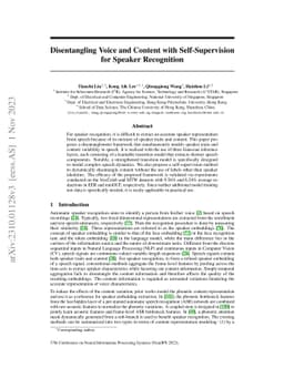 Disentangling Voice and Content with Self-Supervision for Speaker
  Recognition