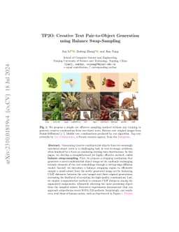 TP2O: Creative Text Pair-to-Object Generation using Balance
  Swap-Sampling