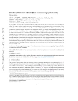 Hate Speech Detection in Limited Data Contexts using Synthetic Data
  Generation