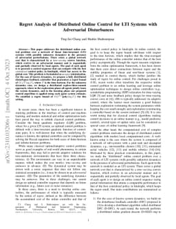 Regret Analysis of Distributed Online Control for LTI Systems with
  Adversarial Disturbances
