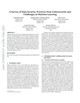 A Survey of Data Security: Practices from Cybersecurity and Challenges
  of Machine Learning
