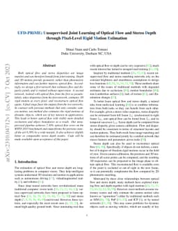 UFD-PRiME: Unsupervised Joint Learning of Optical Flow and Stereo Depth
  through Pixel-Level Rigid Motion Estimation